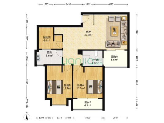 嘉鸿花园 2室1厅1卫 107平方