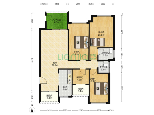 奥林清华花园 3室1厅2卫 128平方