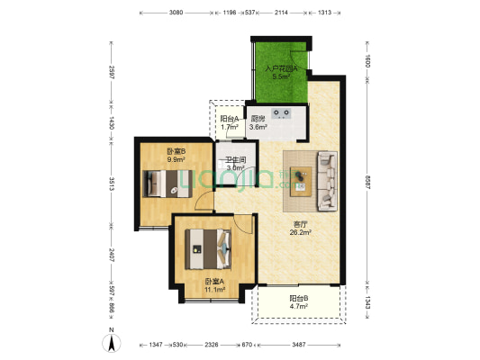 龙光君御华府 2室1厅1卫 80平方