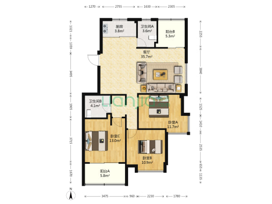 安源花苑 3室1厅2卫 115平方