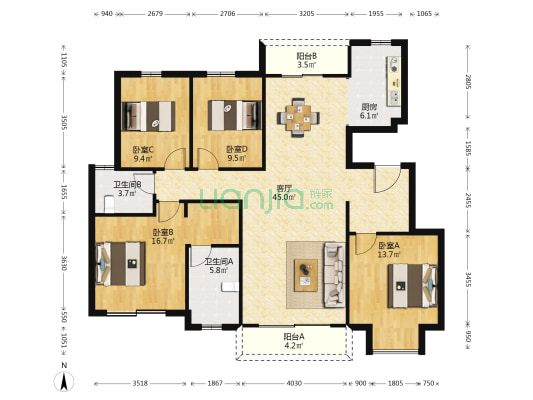 名门华府 4室1厅2卫 133平方