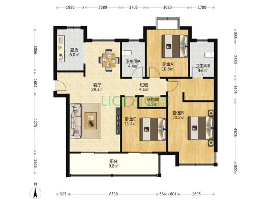 世茂璀璨时光 3室1厅2卫 135平方