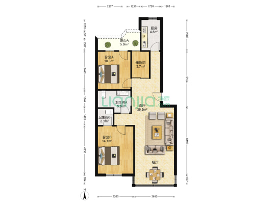 万景花园 2室1厅2卫 96平方