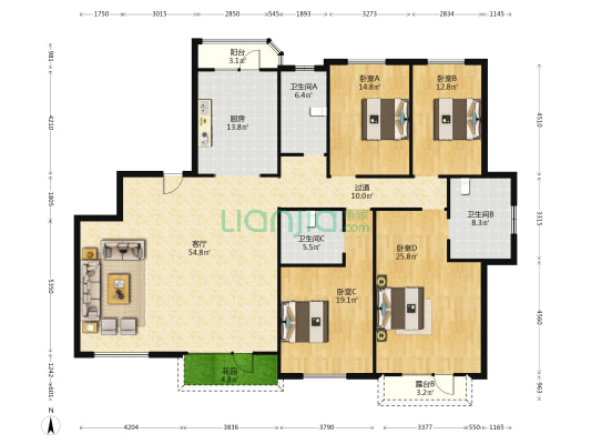 宏润翠湖天地文翠华府 4室1厅3卫 225平方