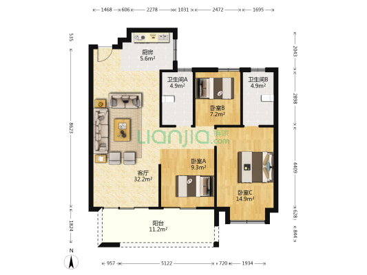 万家华府 3室1厅2卫 116平方