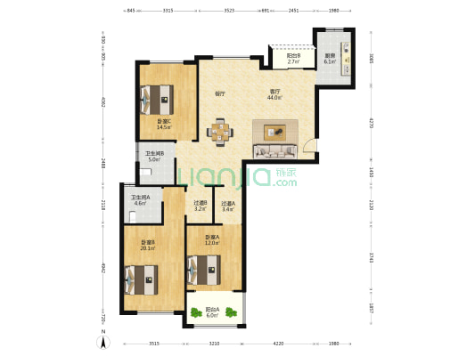 海天国际 3室1厅2卫 143平方