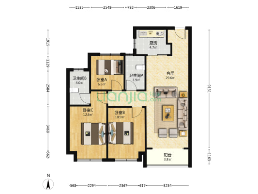 合能湘江公馆 3室1厅2卫 95平方