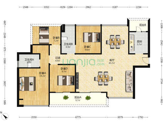 中洲河谷花园 4室1厅2卫 137平方