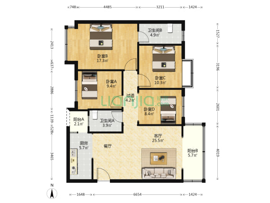 兴园望名阁 4室1厅2卫 118平方