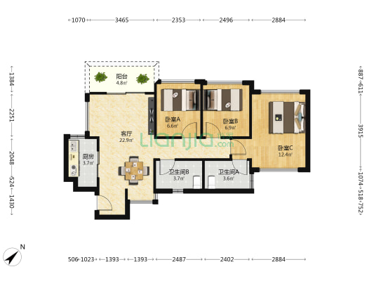 珠江时光荟 3室1厅2卫 76平方