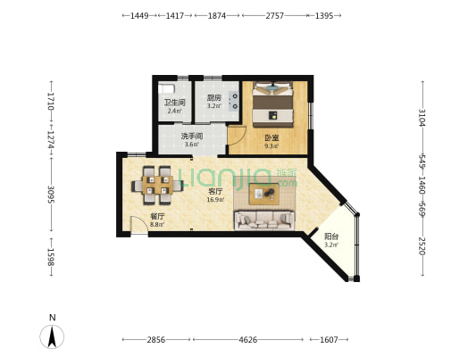 中企16号公馆 1室2厅2卫 69平方