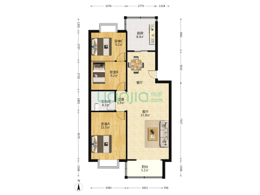 银河佳苑 3室1厅1卫 118平方