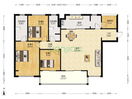 仁恒海棠公园二期新界 3室1厅2卫 148平方