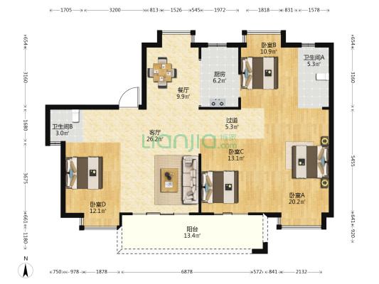 龙湖盛天天钜五区 4室2厅2卫 148平方
