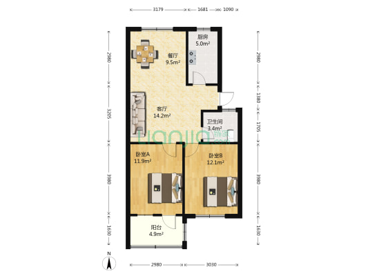 青春小区西区 2室2厅1卫 70平方