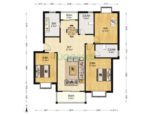 乾阳佳园 3室1厅2卫 122平方