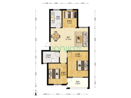 翰霖苑二期 3室1厅1卫 91平方