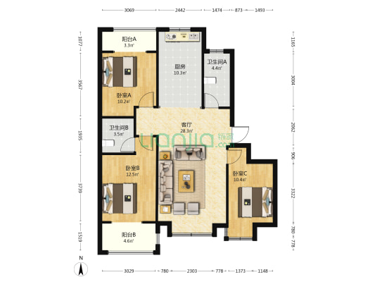 北湖十六峯 3室1厅2卫 120平方