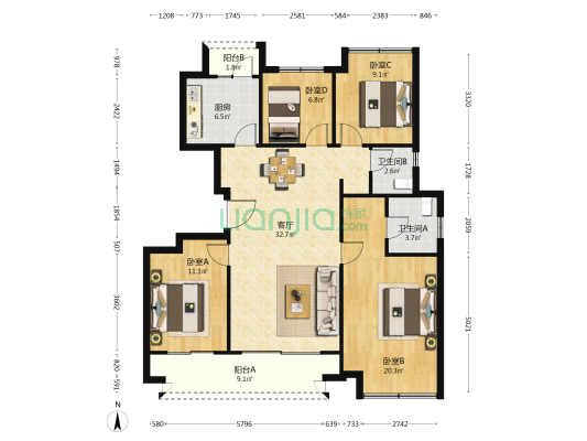 吾悦华府南区 4室1厅2卫 123平方