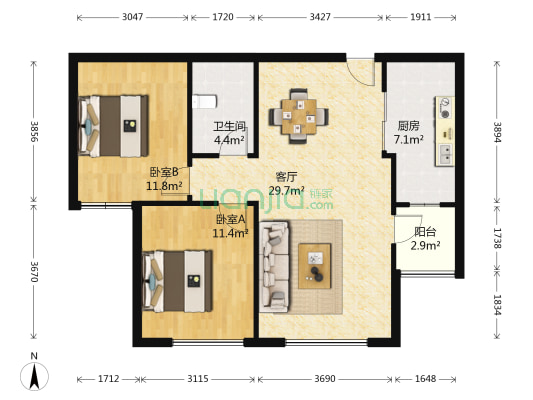 中凡鲁鼎广场 2室1厅1卫 98平方
