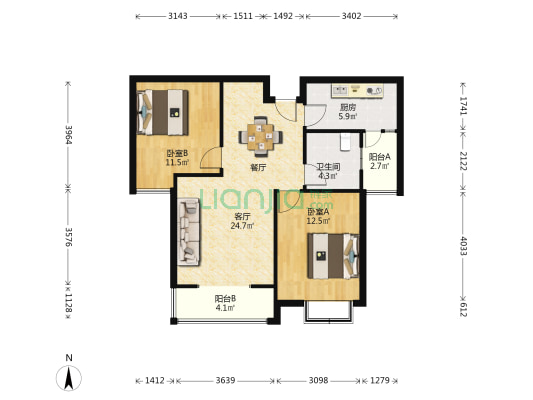 鼎天东尚 2室1厅1卫 85平方