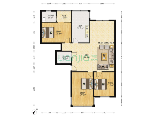 康发花苑 3室1厅2卫 140平方