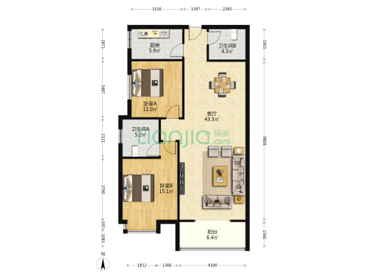 颐合庭 2室1厅2卫 115平方