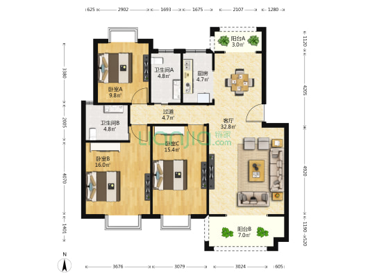 世纪星城 3室1厅2卫 118平方