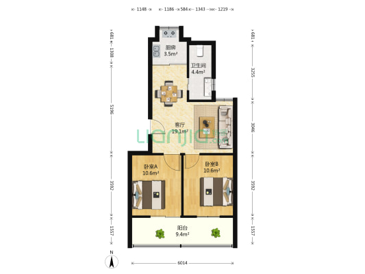 检察院宿舍(北京东路222号） 2室1厅1卫 77平方