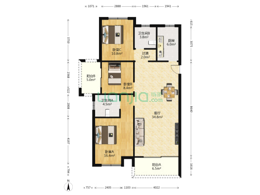 水岸新都 3室1厅2卫 120平方