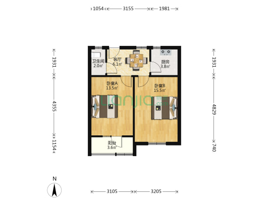 兴隆小区 2室1厅1卫 55平方