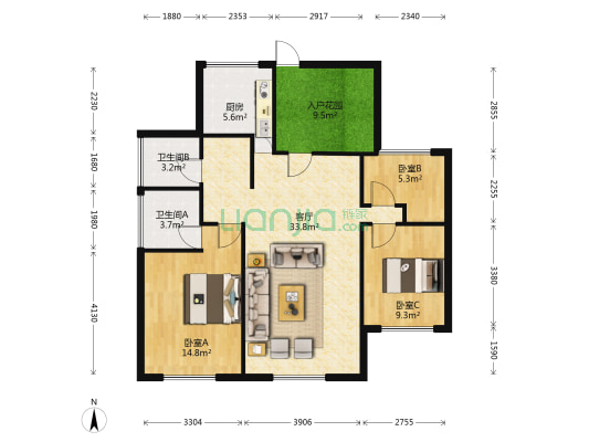 新洲悦城 3室1厅2卫 112平方