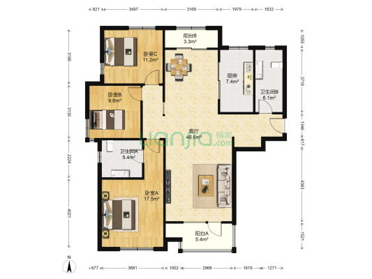 海尔东城国际南区 3室1厅2卫 144平方