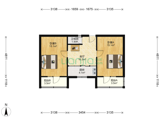 体工里 2室1厅1卫 60平方