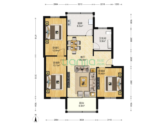 淄川供电局住宅楼 3室1厅1卫 90平方