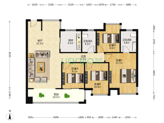 华侨城万科云域 4室1厅2卫 134平方