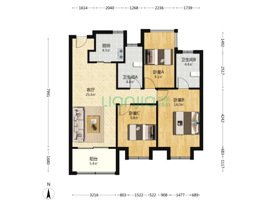 珑悦天境 3室1厅2卫 96平方