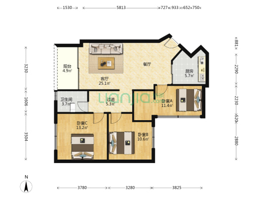 跃龙楼 3室1厅1卫 93平方