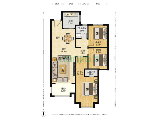 领航悦宸 3室1厅2卫 116平方
