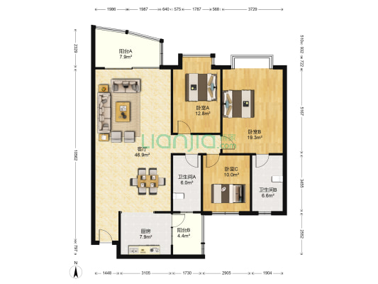 七星新城二期 3室1厅2卫 145平方