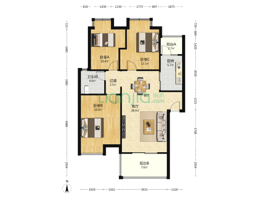 玫汉口北城B区 3室1厅1卫 101平方