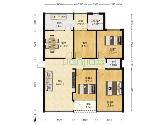 昆明轻纺工业宿舍 4室2厅2卫 101平方