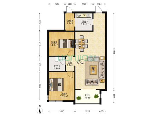 华信山水文苑秀园 2室1厅1卫 108平方