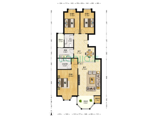 神州嘉园 3室2厅2卫 145平方