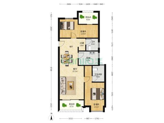 秋月朗庭 2室1厅2卫 91平方