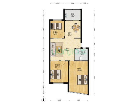 如意小区 3室2厅1卫 96平方