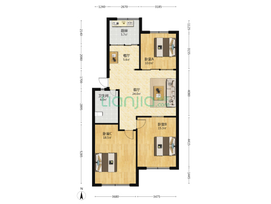 天虹花园A区 3室2厅1卫 103平方