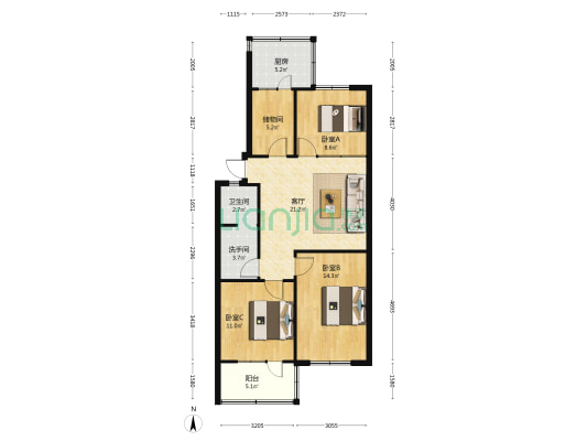 向阳胡同20号院 3室1厅2卫 93平方