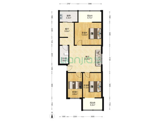 金宇花园 3室2厅1卫 88平方