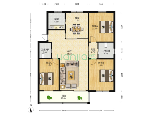 西苑公寓 3室2厅2卫 132平方